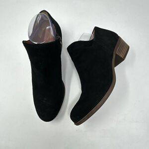 Lucky Brand Brett Black Suede Ankle Booties Women’s Sz 9 Side Zip Block Heel